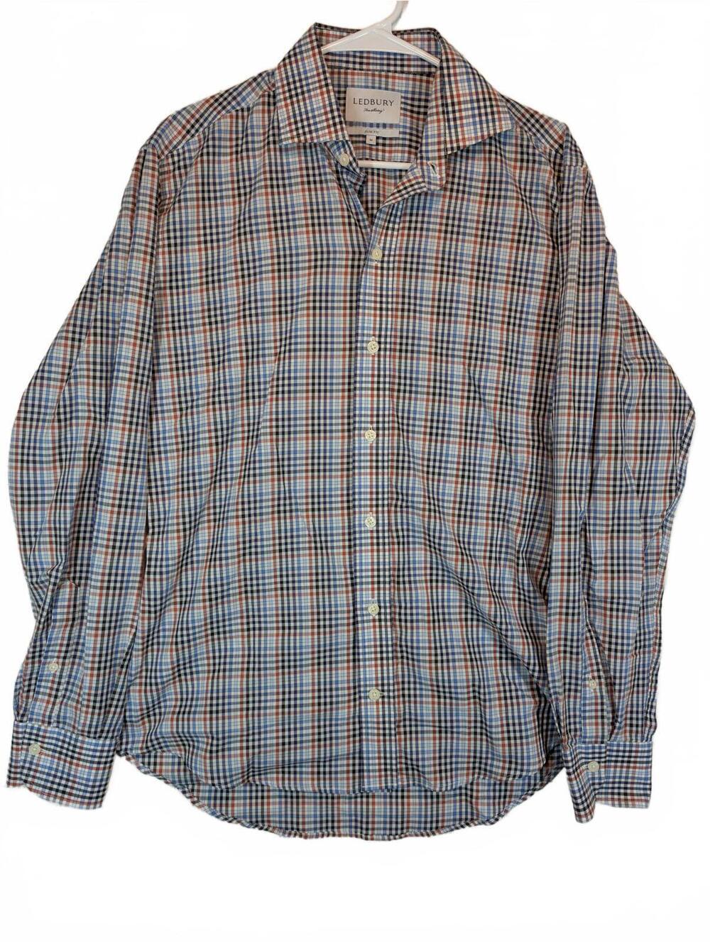 Ledbury Slim Fit Plaid Check Button Down Dress Shirt Mens Medium